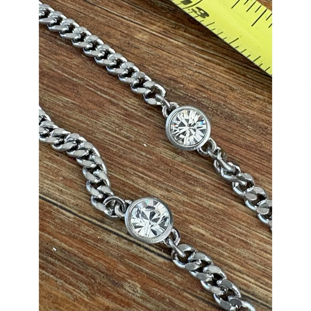 VTG Givenchy Silver Tone Station Chain Necklace‎ Diamond Rhinestone Signed 38